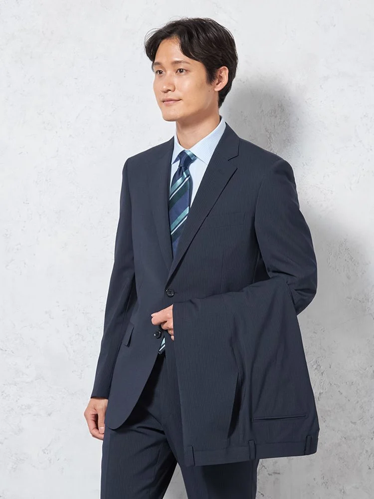 【KATHARINEEHAMNETT-キャサリン・イー・ハムネット-】スーツ2つボタンツーパンツ盛夏対応上下ウォッシャブル軽量ネイビーストライプ春夏