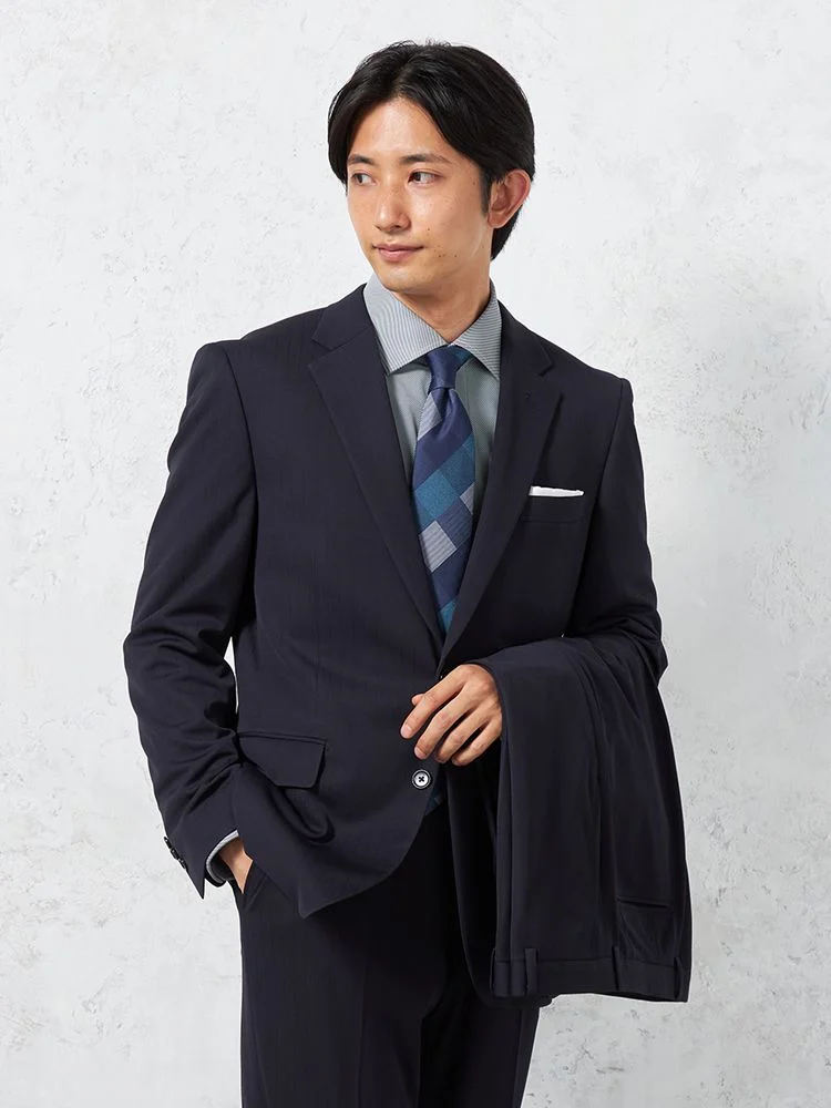 【形態安定＆上下ウォッシャブル】スーツ2つボタンツーパンツ【i-Suit-アイスーツ-】ネイビーシャドウストライプリッケンバッカー通年