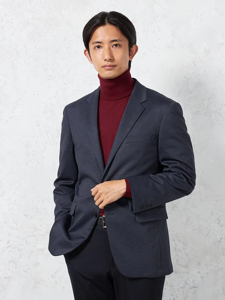 【軽量】プリントニットジャケット2つボタンウォッシャブルストレッチネイビー小格子【i－Jacket-アイジャケット-】秋冬