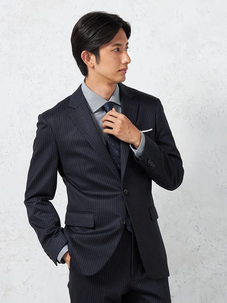 【上下ウォッシャブル】スーツ2つボタン抗ピリング加工ストレッチストライプネイビー【i-Suit-アイスーツ-】秋冬