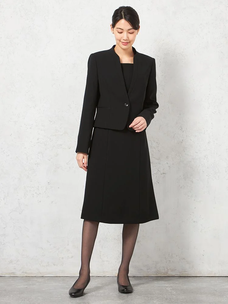 【フォーマル2点セット】スタンドカラージャケット/前開きワンピースアンサンブルウォッシャブルストレッチブラック通年礼服SOFFICE【レディース】