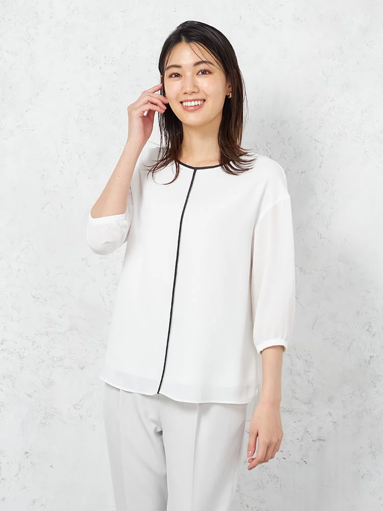 【INDIVI】ブラウス7分袖ジョーゼット2枚重ね配色パイピングブラウスウォッシャブル無地通年【レディース】