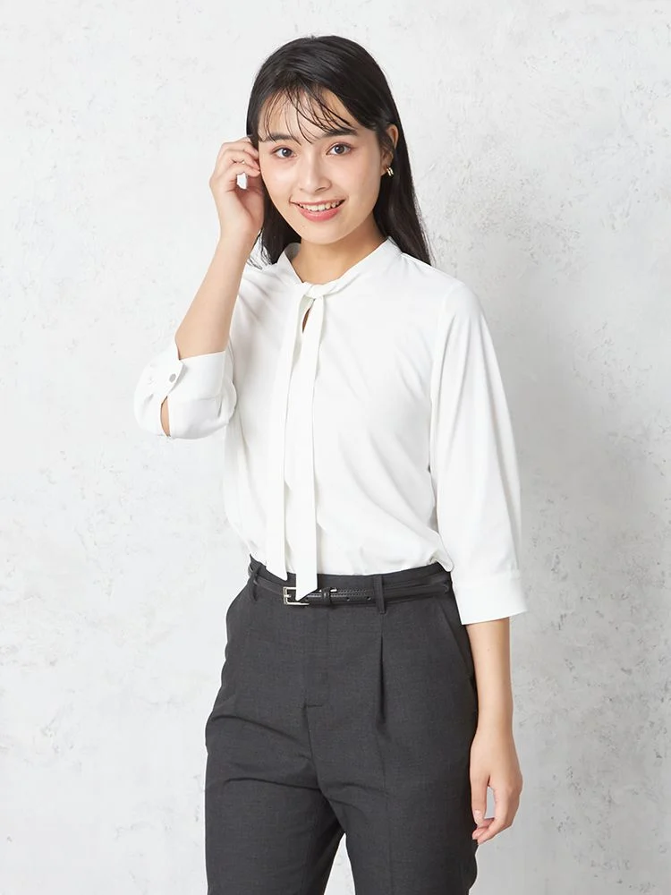 【INDIVI】ブラウス7分袖ツイルストレッチボウタイブラウスウォッシャブル無地通年【レディース】