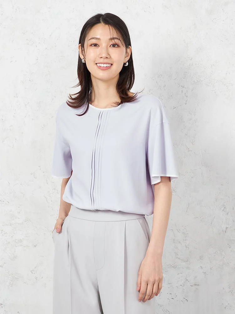 【INDIVI】ウォッシャブルソフトクレープ半袖配色ブラウス無地春夏【レディース】