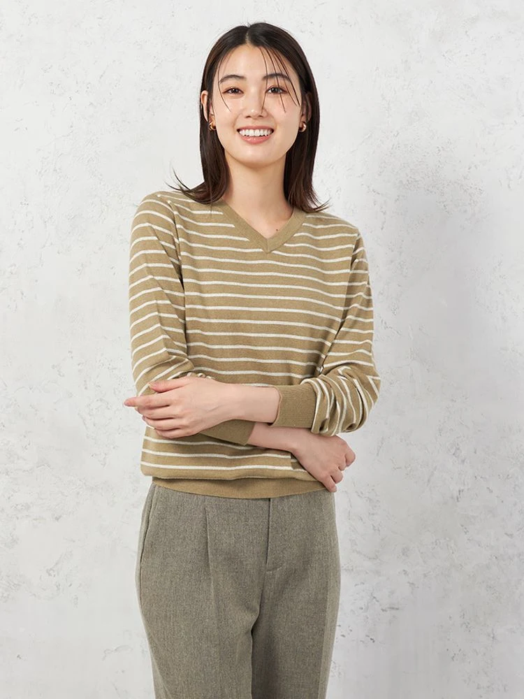 【INDIVI】Vネックプルオーバーニットウォッシャブルデオドラントボーダー秋冬【レディース】