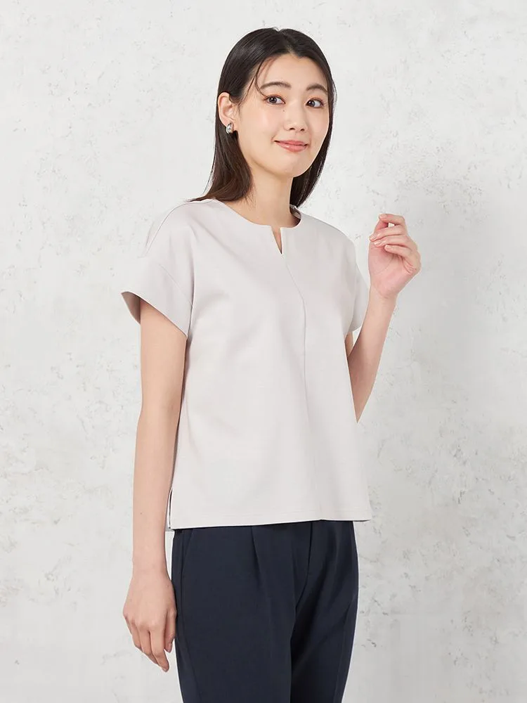 【INDIVI】シルケットポンチフロントVデザイン半袖Tシャツ春夏【レディース】