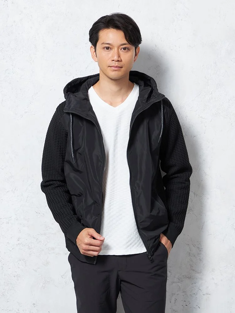 【RUCKENBACCHAR】ニットコンビパーカーフードブルゾン無地カジュアルアウター