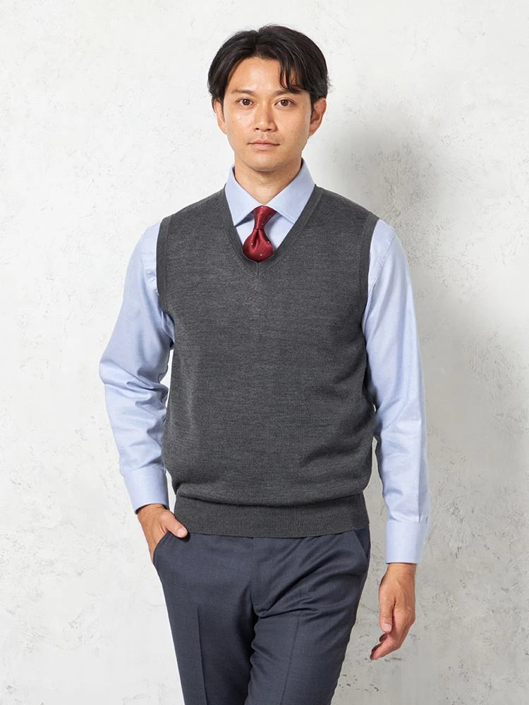【ウォッシャブル】ニットＶネックベスト放電抗ピリング無地天竺ベストリッケンバッカー秋冬