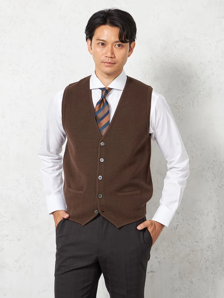 【ウォッシャブル】ミラノリブ前割れベスト放電抗ピリング無地ベストリッケンバッカー秋冬