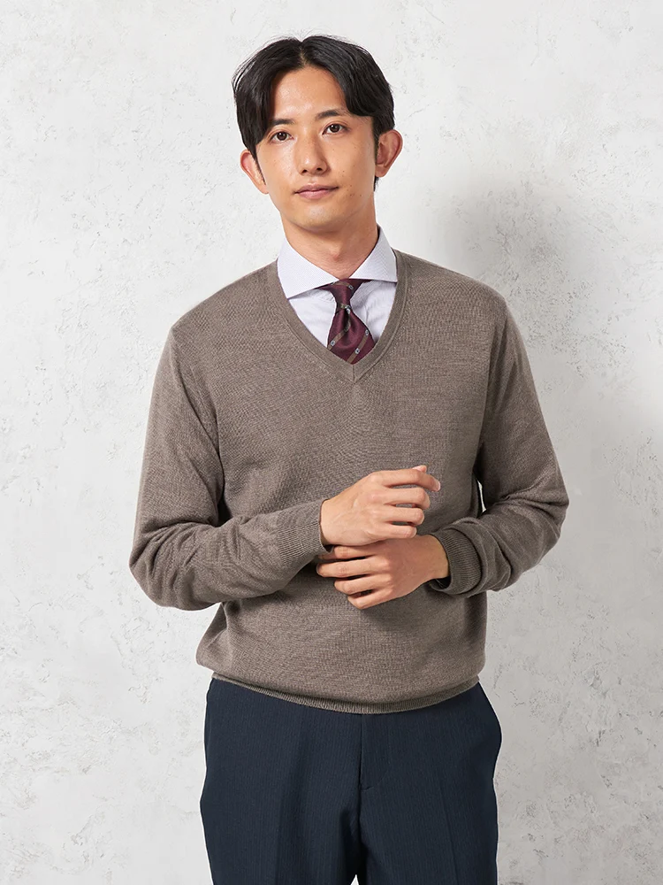 【制電＆抗ピリング】天竺Ｖネックセーターカジュアルインナー無地リッケンバッカー秋冬