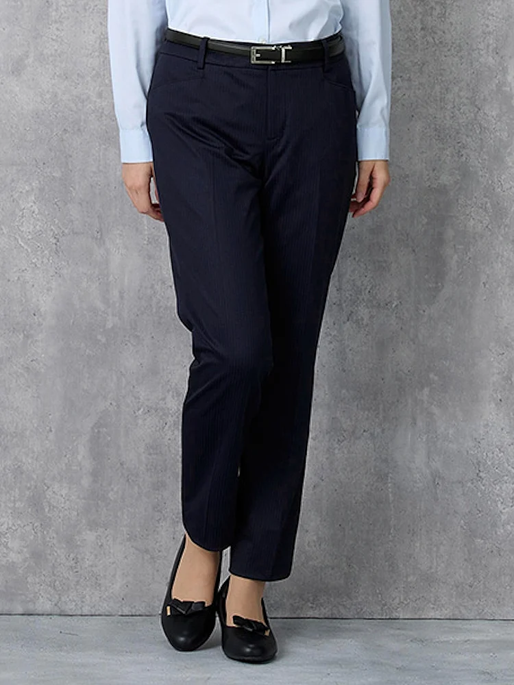 【ウォッシャブル】パンツストレートニットストレッチネイビーストライプViVi通年【レディース】