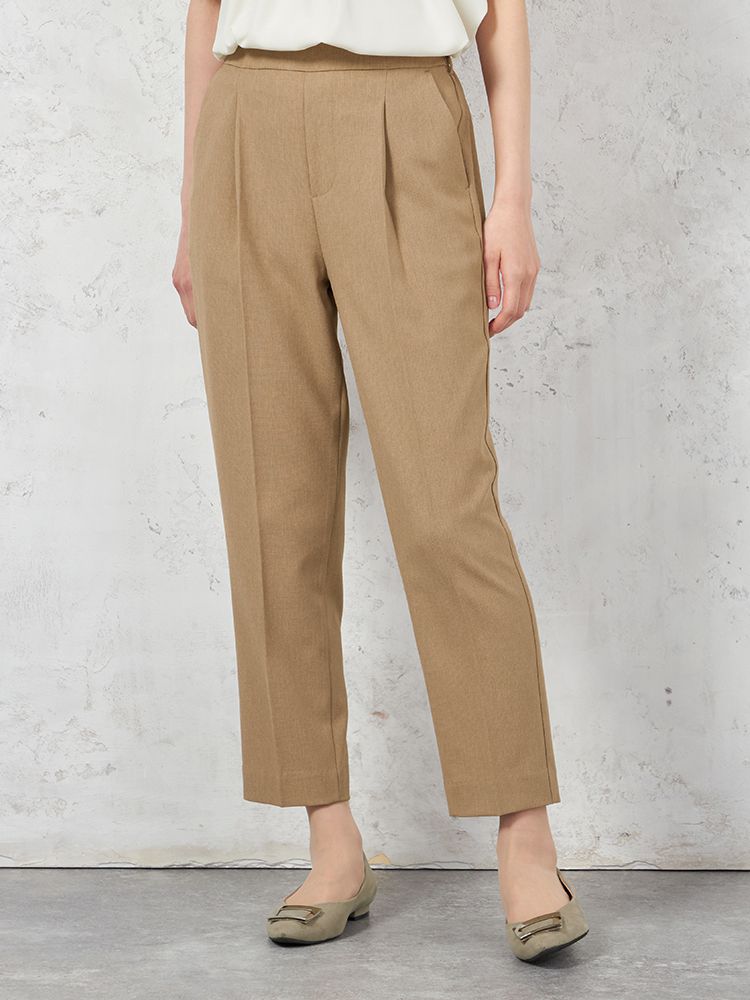 【ウォッシャブル】WALKPLUSシンプルタックテーパードパンツ麻調メッシュ素材無地春夏【レディース】