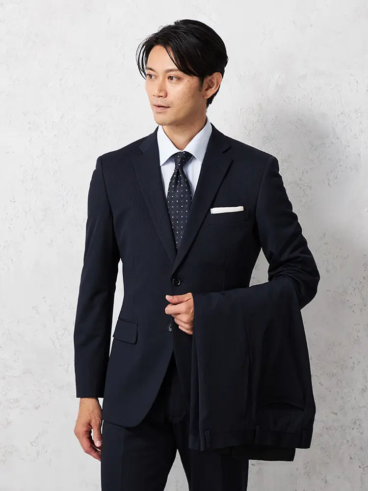 【上下ウォッシャブル】スーツ2つボタンツーパンツニットストライプノータック秋冬【タニタ】