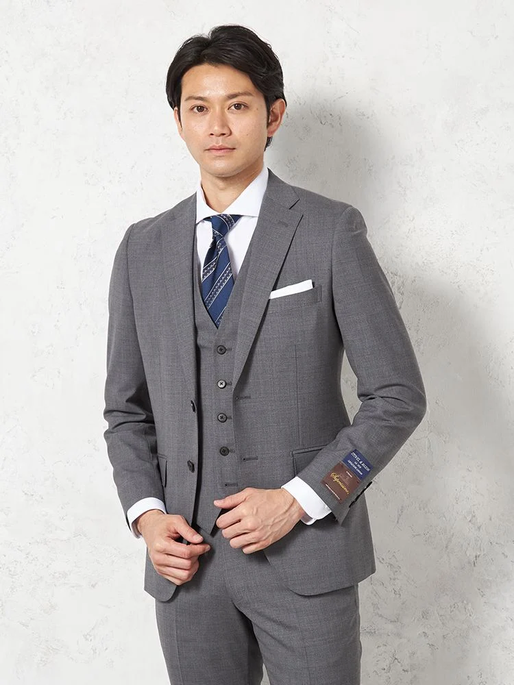 【ウール100％】スリーピーススーツ2つボタンSUPER130s裏地キュプラ無地S＆MBLUELABEL