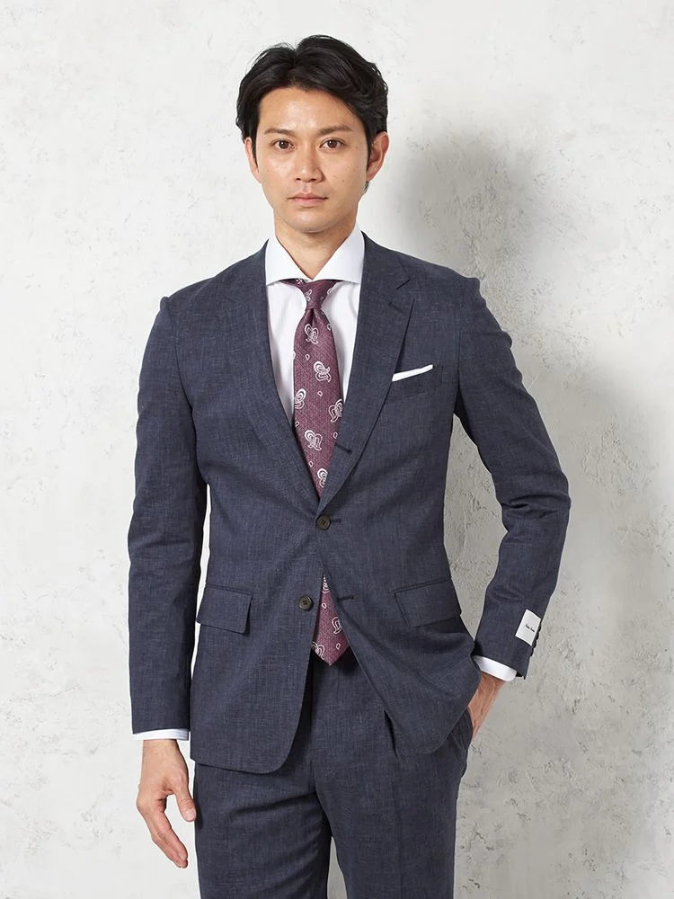 【パンツウォッシャブル】スーツ段返り3つボタン尾州素材麻混ライトフィールストレッチ織柄無地リッケンバッカー春夏