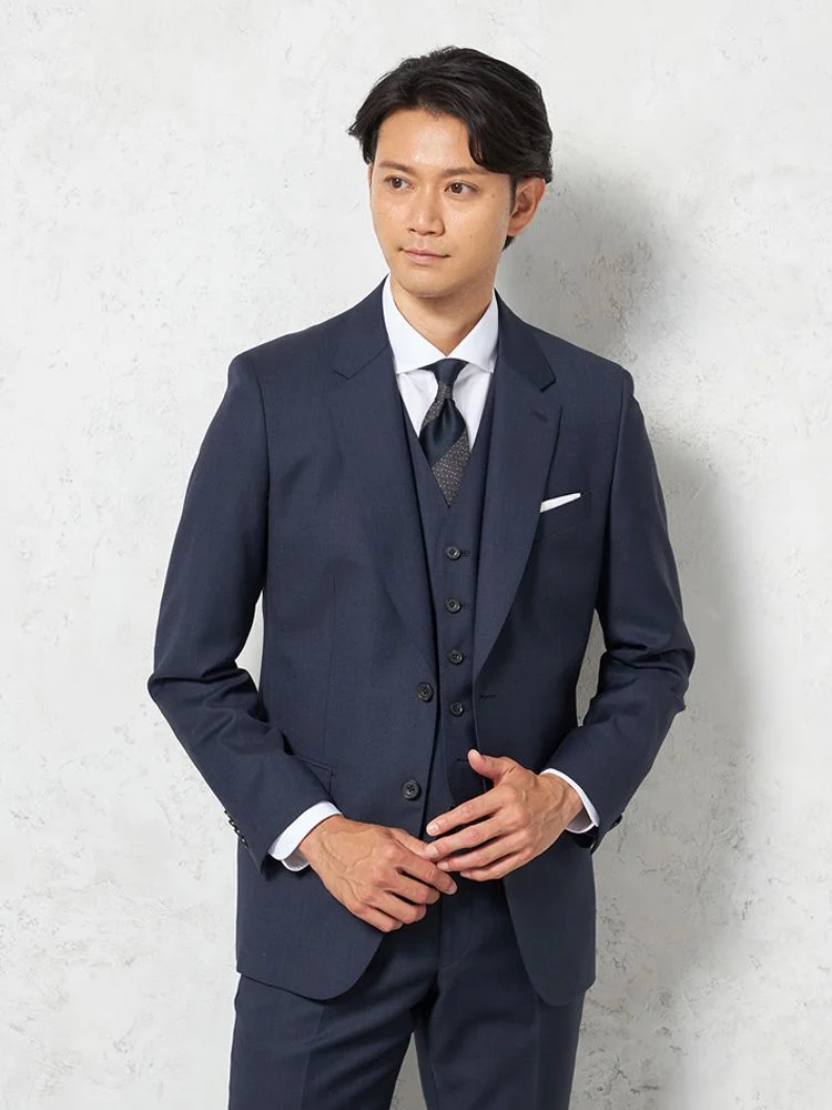 【ウール100%】スリーピーススーツ2つボタンアンジェリコ無地リッケンバッカー通年