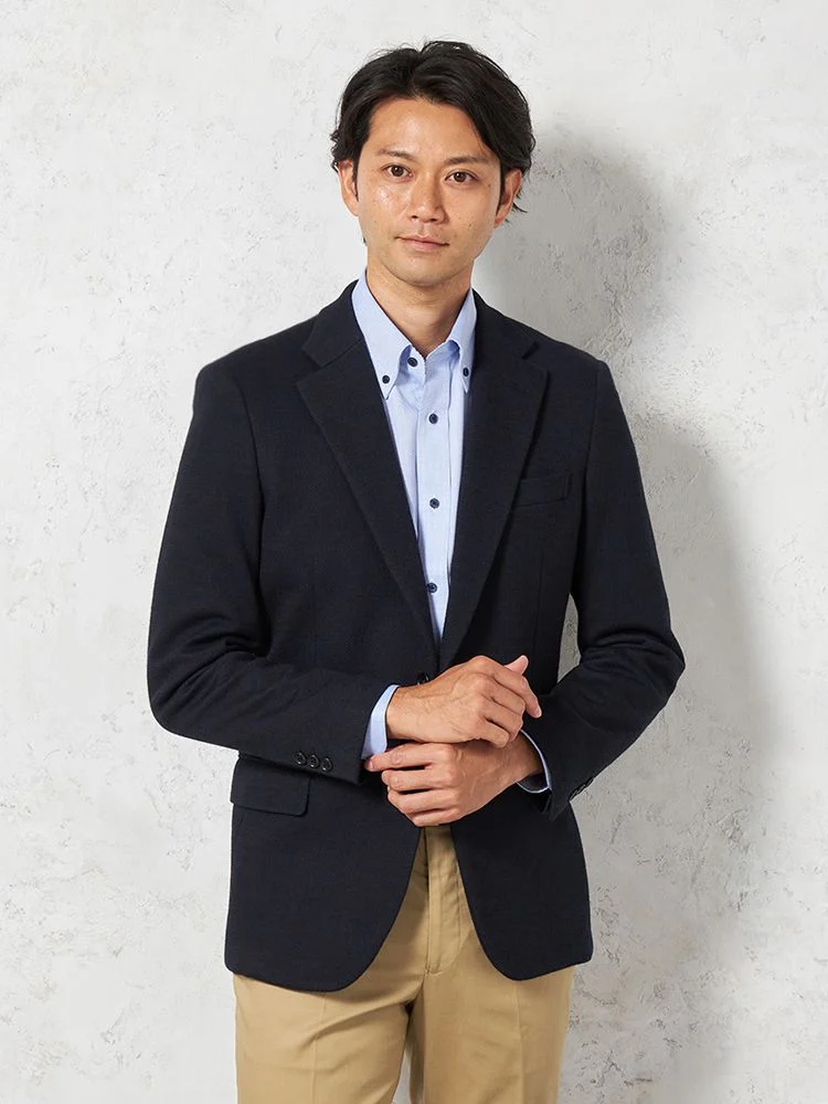 【尾州ニット生地】ジャケット2つボタン国産素材ストレッチ小柄ネイビーリッケンバッカー秋冬