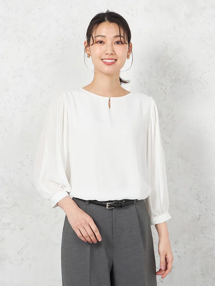 【ウォッシャブル】7分袖袖プリーツブラウスUVカット透けにくい2枚仕立て無地SOFFICE春夏【レディース】