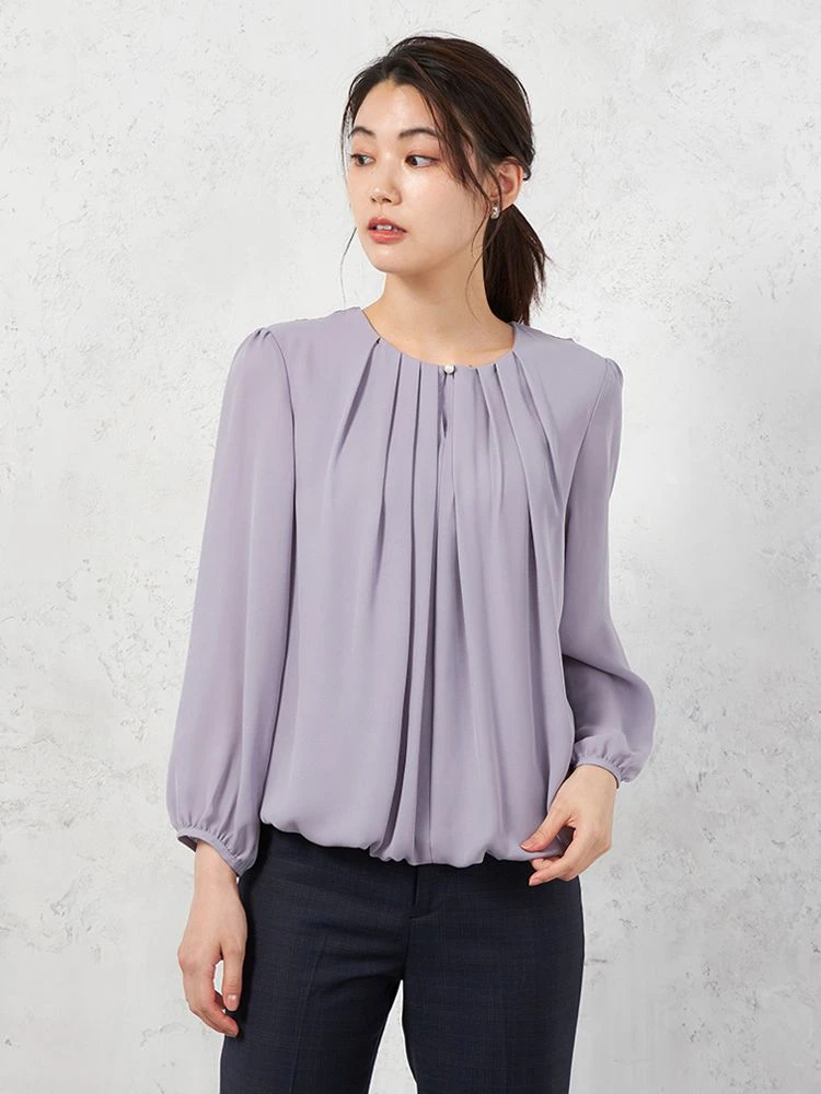 【イージーケア】ジョーゼット2枚重ね裾バルーンパールボタンブラウス9分袖透け軽減ウォッシャブルSOFFICE通年【レディース】