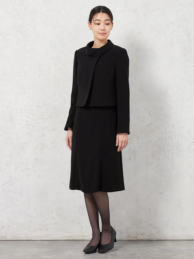 【即納】【WEB限定フォーマル】ロールカラーアンサンブルジャケット/ワンピース黒無地通年礼服【レディース】