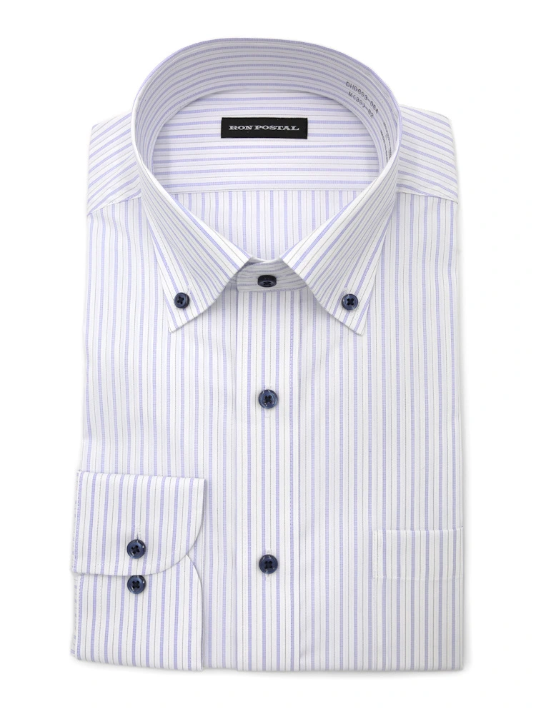 【形態安定】長袖 ワイシャツ ボタンダウン イージーケア ストライプ RON POSTAL 通年