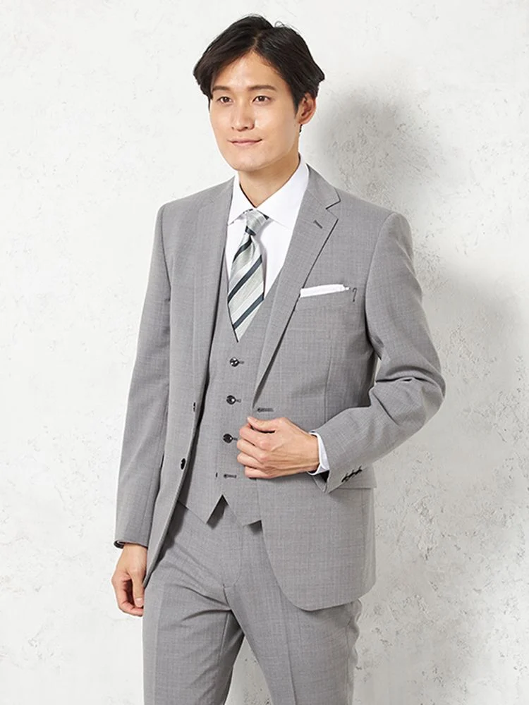 【ウォッシャブル】スリーピーススーツ 2つボタン ウール混 ノータック ストライプ nero【スリムデザイン】