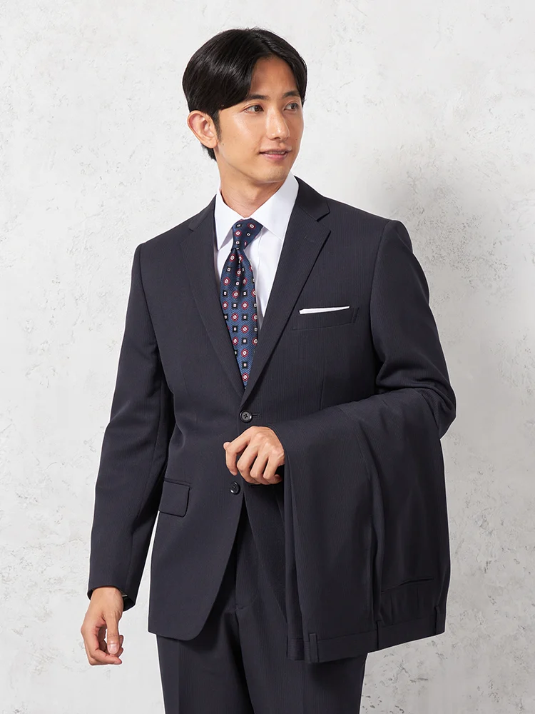 【上下ウォッシャブル】スーツ 2つボタン ツーパンツ ノータック イージーケア ストライプ ネイビー ビバリーヒルズポロクラブ 通年