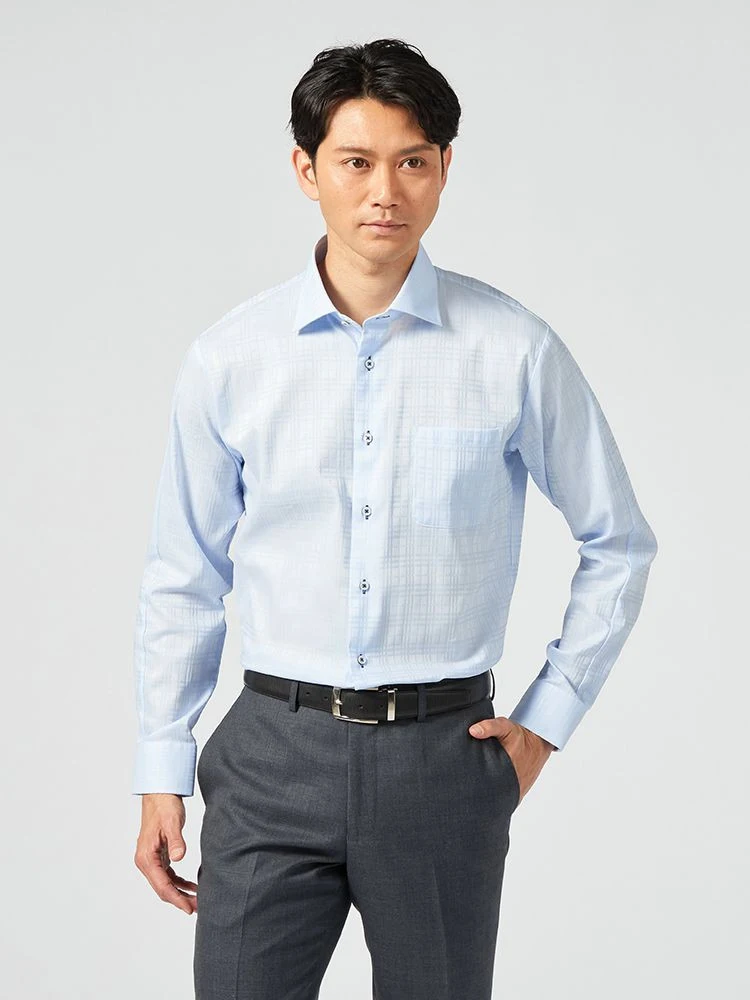 【動きやすい】スプリットラグランシャツ【形態安定】長袖 ワイシャツ ワイドカラー SOLOTEX 無地 nero 通年